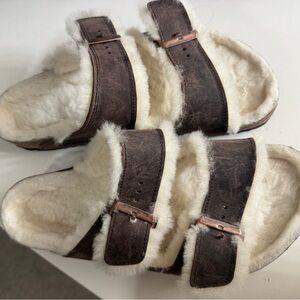 New* Birkenstock Shearling-Lined Double Strap Sandals - “oiled leather”